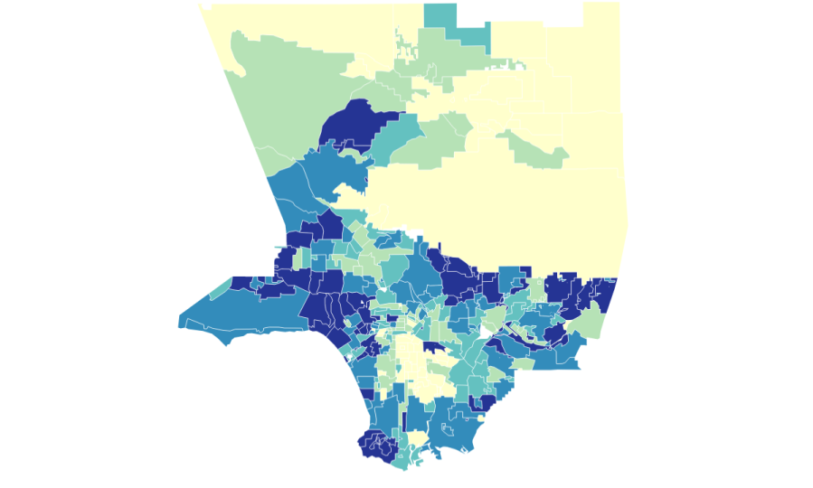 A map shows vaccine distribution density among eligible residents in L.A. County, with darker areas having higher vaccination rates, as of Feb. 19, 2021. (KTLA)