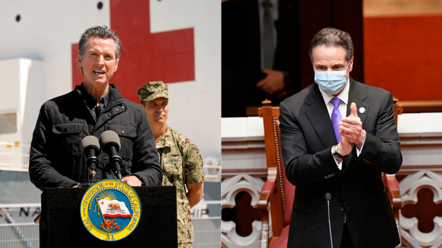 This combination image shows California Gov. Gavin Newsom in front of the hospital ship USNS Mercy after it arrived into the Port of Los Angeles on March 27, 2020 and New York Gov. Andrew Cuomo in the Assembly Chamber at the state Capitol in Albany, New York on Dec. 14, 2020. (CAROLYN COLE/POOL/AFP; HANS PENNINK/POOL/AFP Getty Images)