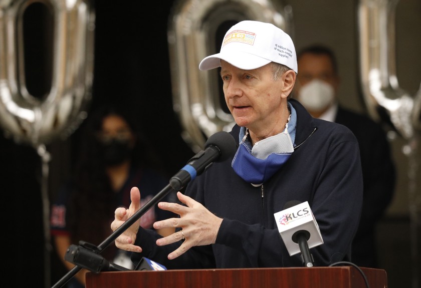 Supt. Austin Beutner, shown at a news conference earlier this month, has announced the opening of a vaccination site targeted at district employees.(Al Seib / Los Angeles Times)