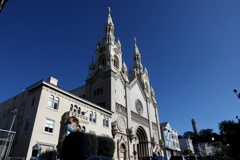 Saints Peter and Paul Church in San Francisco has paused in-person Masses after three priests tested positive for COVID-19.(Gary Coronado / Los Angeles Times)