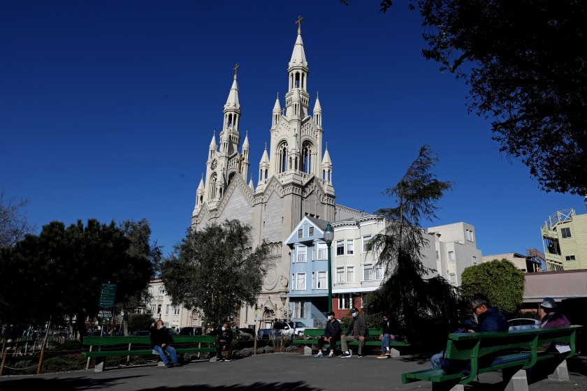 A priest at Sts. Peter and Paul Church has died of COVID-19. The church has previously violated coronavirus public health orders.(Gary Coronado / Los Angeles Times)