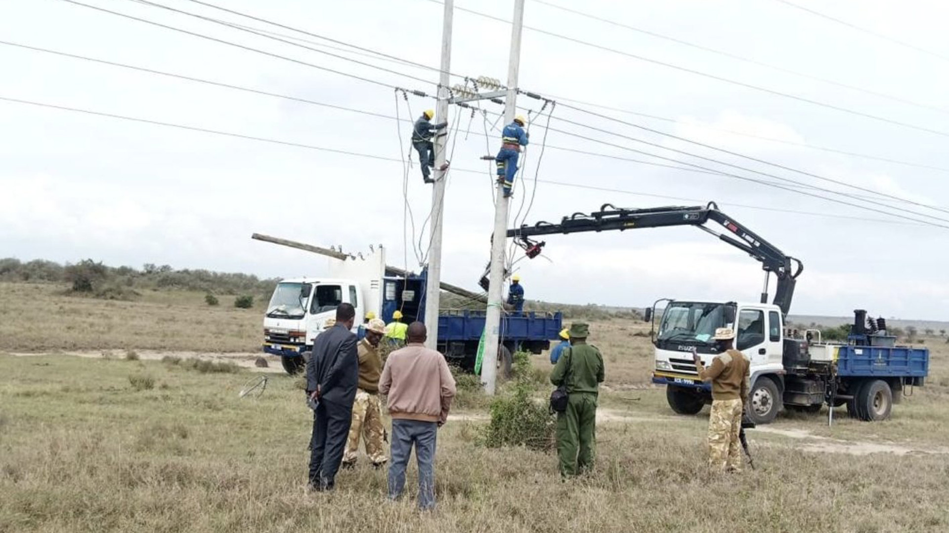 The Kenya Wildlife Service posted this photo on Twitter of engineers working on the Soysambu line after the death of the giraffes on Feb. 21, 2021.