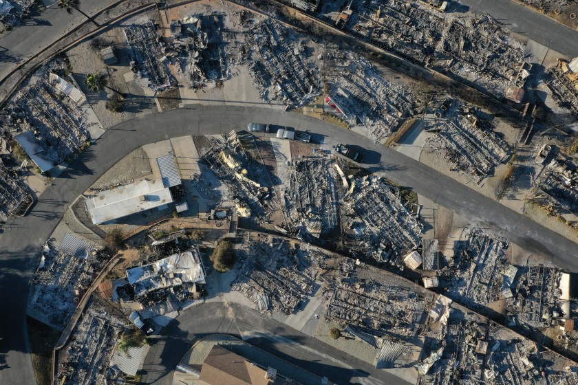 An aerial view shows the aftermath of the 1,000-acre Sandalwood Fire that moved through the Villa Calimesa Mobile Home Park, killing two women in October 2019. (Carolyn Cole / Los Angeles Times)