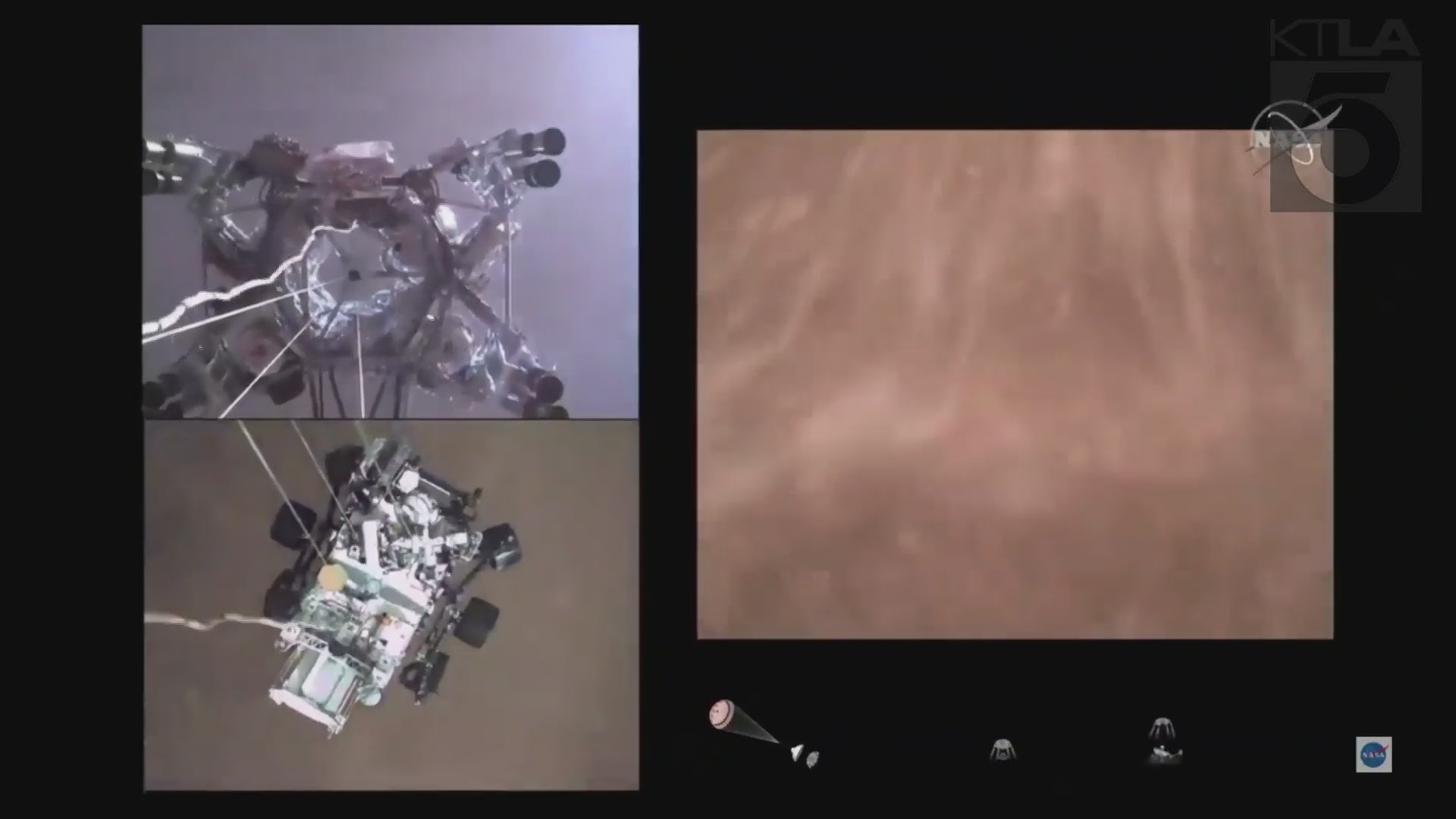 A screenshot of a video released by NASA on Feb. 22, 2021 shows the Perseverance rover landing on Mars.