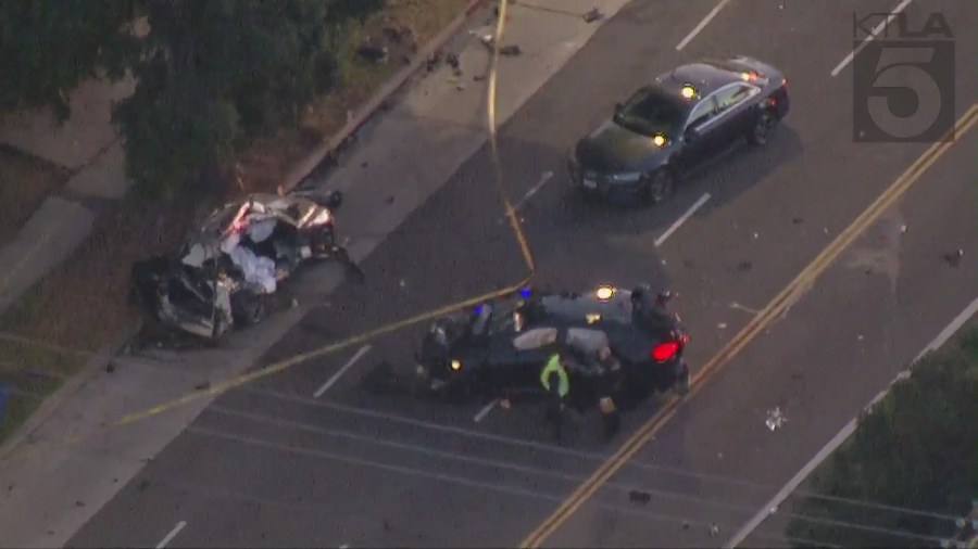 A woman was killed and a teenager was hospitalized in a West Los Angeles car crash on Feb. 17, 2021. (KTLA)