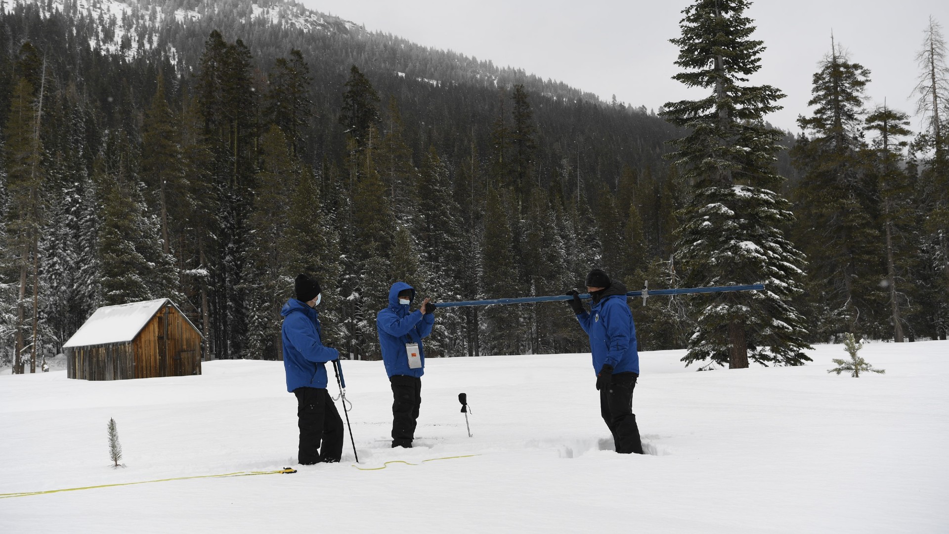 The snowpack survey was conducted on Feb. 3, 2021. at Phillips Station in the Sierra Nevada. (Department of Water Resources)