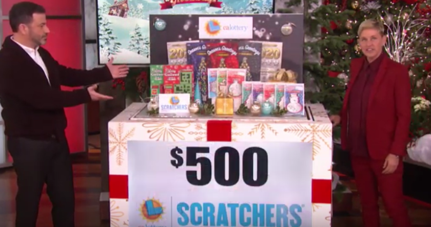 Ellen DeGeneres drew cheers from the studio audience of her national talk show in 2019 when she announced that each person would receive a $500 bundle of Scratchers tickets from the California Lottery. (California Lottery via L.A. Times)