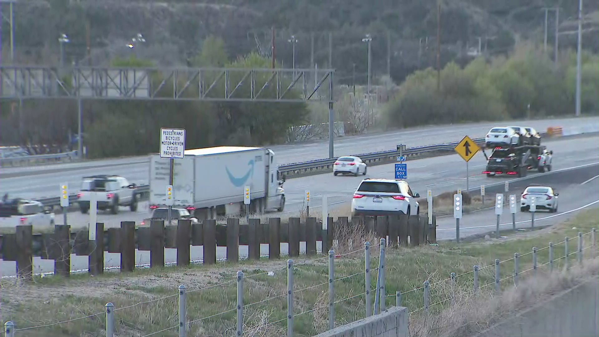 Cars travel along the 5 Freeway on March 16, 2021. (KTLA)