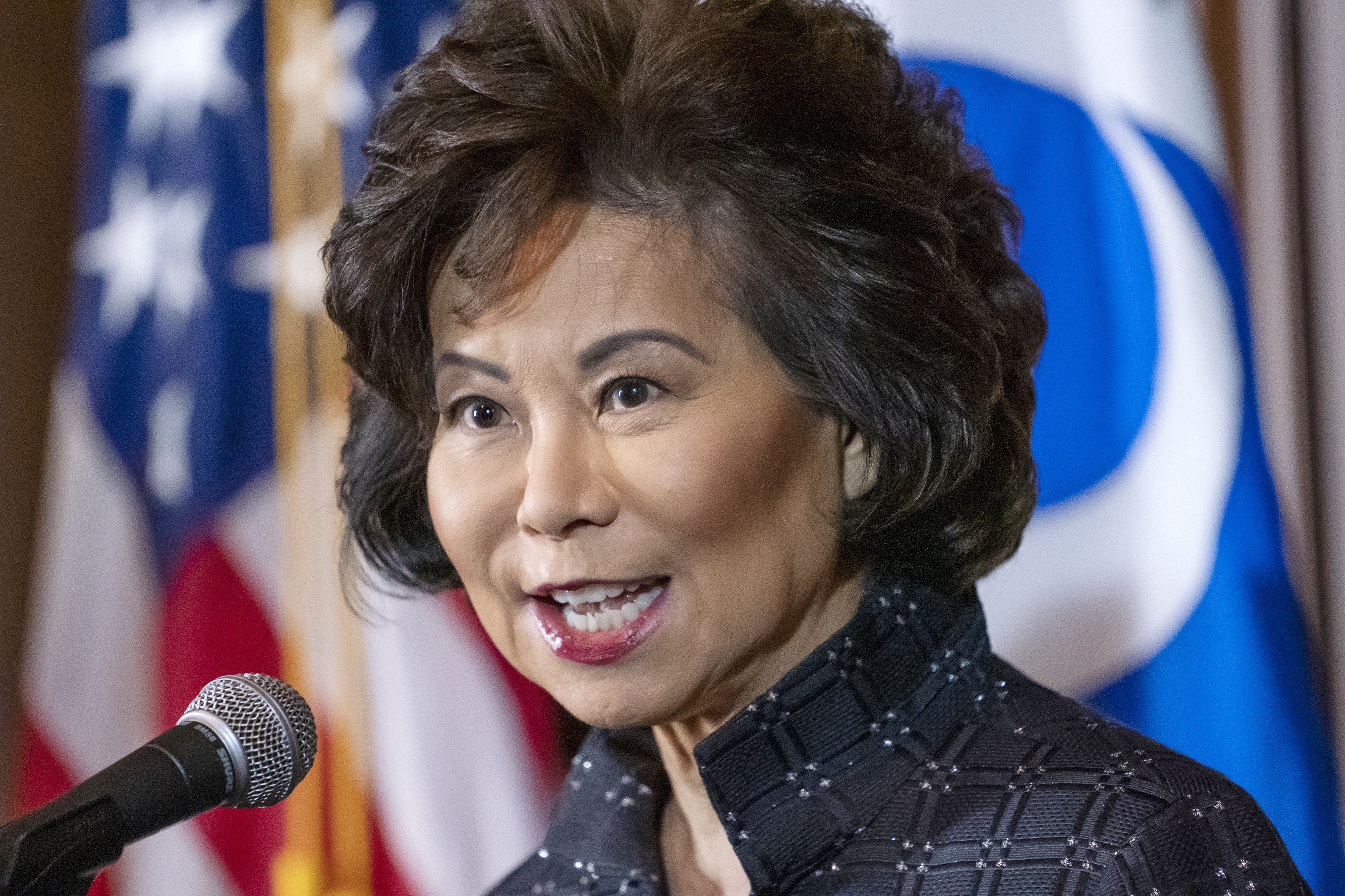 In this Sept. 18, 2019 file photo Transportation Secretary Elaine Chao speaks at EPA headquarters in Washington. (AP Photo/J. Scott Applewhite)