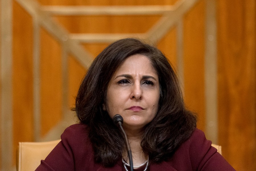 Neera Tanden appears before a Senate Committee on the Budget hearing on Capitol Hill in Washington on Feb. 10, 2021. (Andrew Harnik / Associated Press)