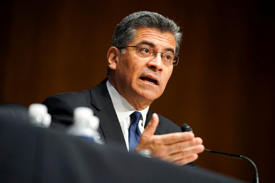 Xavier Becerra testifies during a Senate Finance Committee hearing on his nomination to be secretary of Health and Human Services on Capitol Hill in Washington on Feb. 24, 2021. (Greg Nash/Pool via AP)