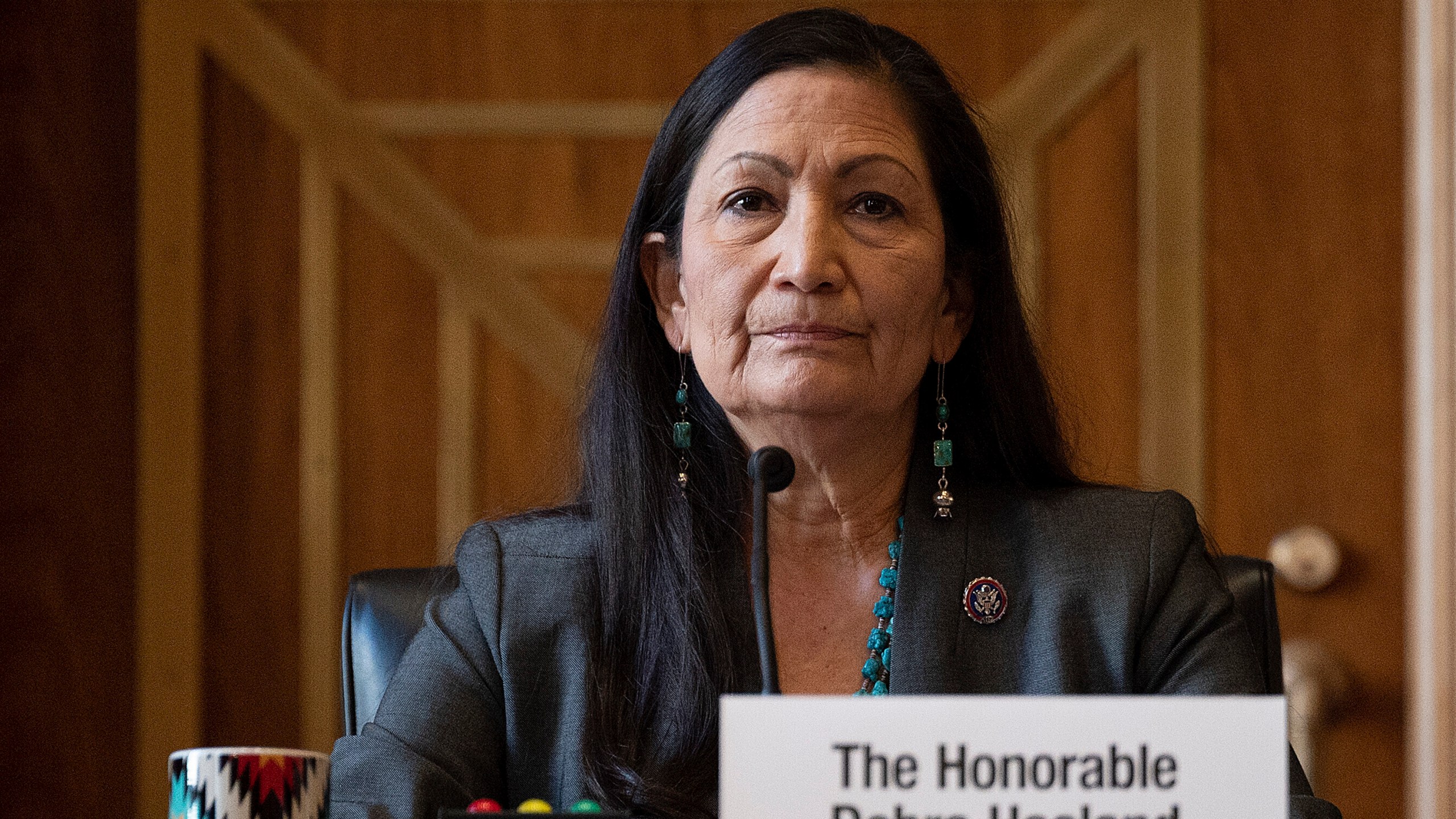 Rep. Deb Haaland, D-N.M., listens during the Senate Committee on Energy and Natural Resources hearing on her nomination to be Interior secretary on Capitol Hill on Feb. 23, 2021. (Jim Watson / Associated Press)