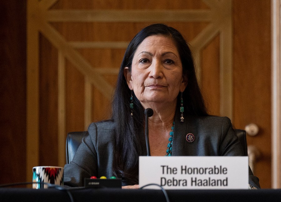 Rep. Deb Haaland, D-N.M., listens during the Senate Committee on Energy and Natural Resources hearing on her nomination to be Interior secretary on Capitol Hill on Feb. 23, 2021. (Jim Watson / Associated Press)