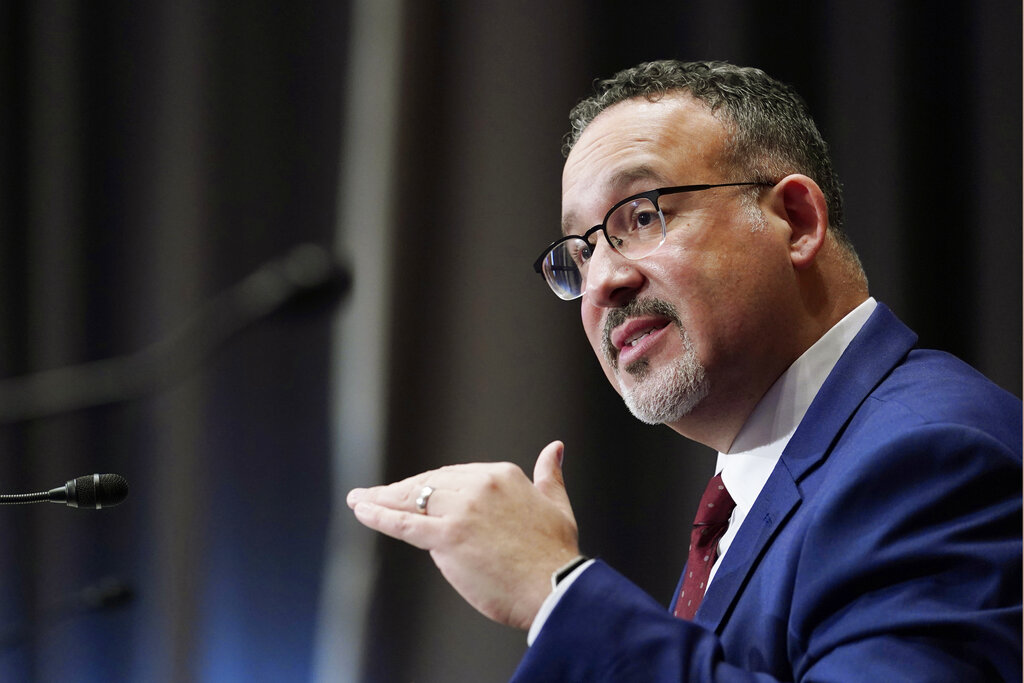 Miguel Cardona testifies before the Senate Health, Education, Labor and Pensions committee during his confirmation hearing on Capitol Hill on Feb. 3, 2021. (Susan Walsh / Associated Press)