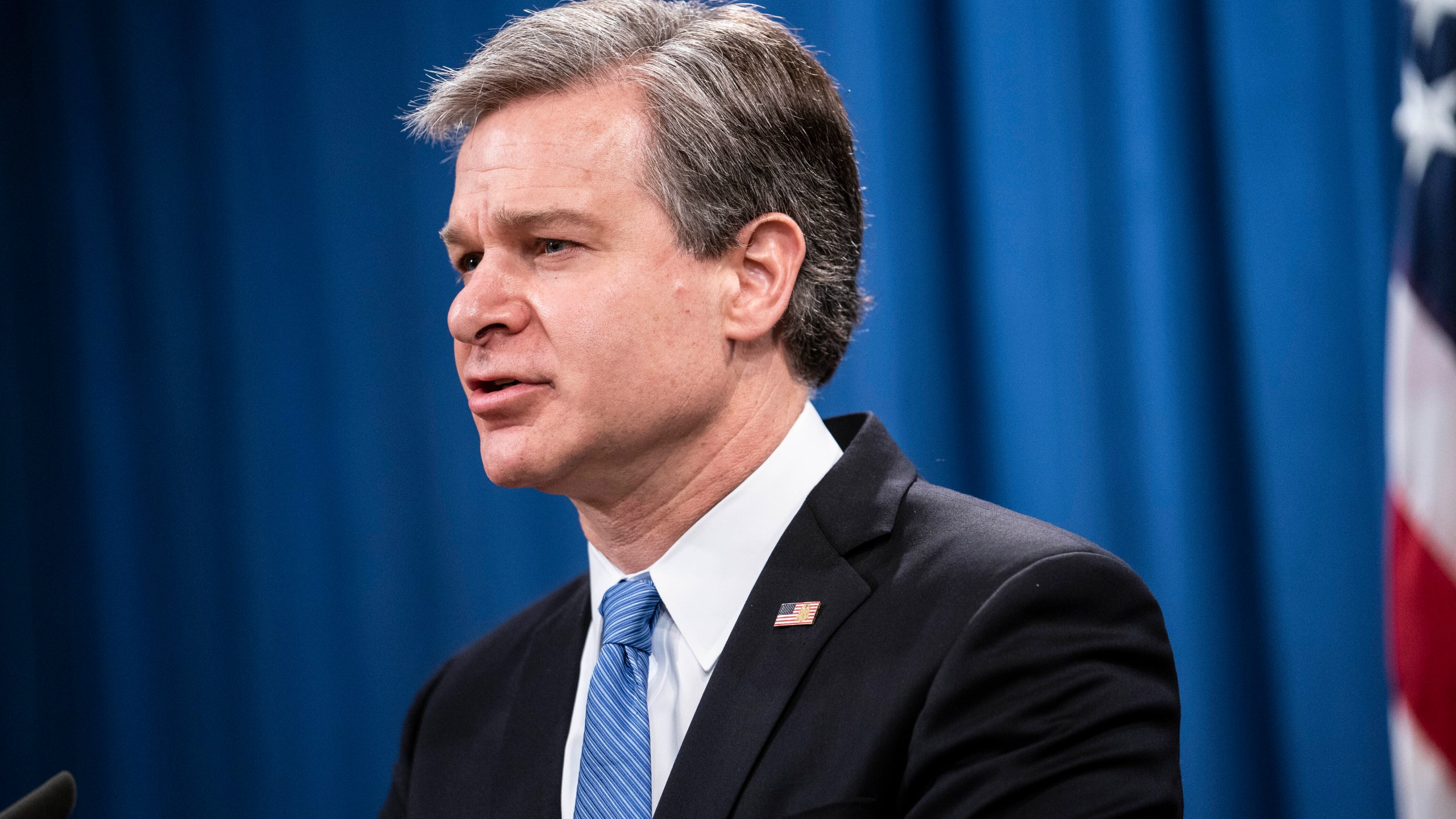 In this Oct. 28, 2020, file photo, FBI Director Christopher Wray speaks during a virtual news conference at the Department of Justice in Washington. (Sarah Silbiger/Pool via AP)