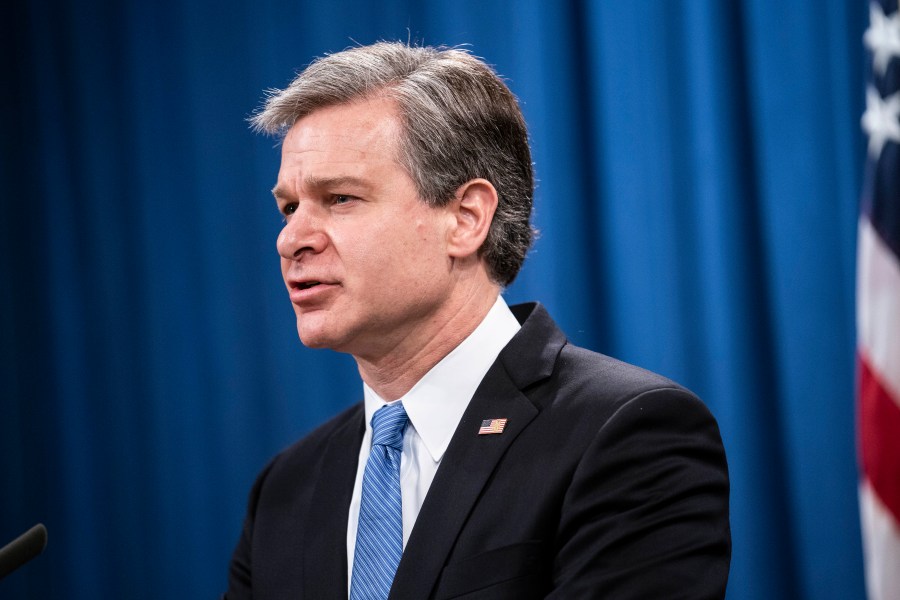 In this Oct. 28, 2020, file photo, FBI Director Christopher Wray speaks during a virtual news conference at the Department of Justice in Washington. (Sarah Silbiger/Pool via AP)