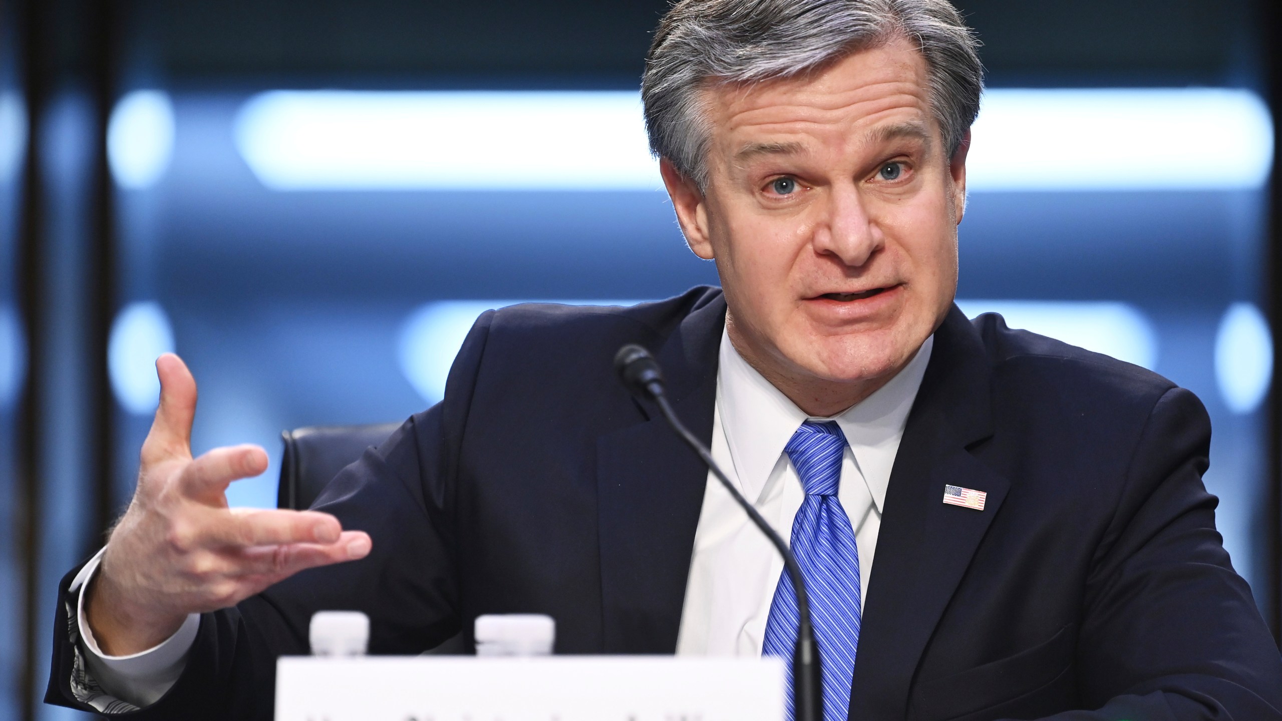 FBI Director Christopher Wray testifies before the Senate Judiciary Committee on Capitol Hill in Washington, Tuesday, March 2, 2021. (Mandel Ngan/Pool via AP)