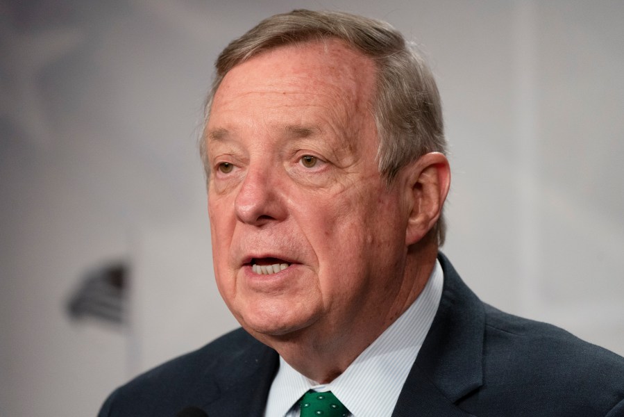 Sen. Dick Durbin, D-Ill., speaks to the media on March 2, 2021, on Capitol Hill in Washington. (Jacquelyn Martin / Associated Press)