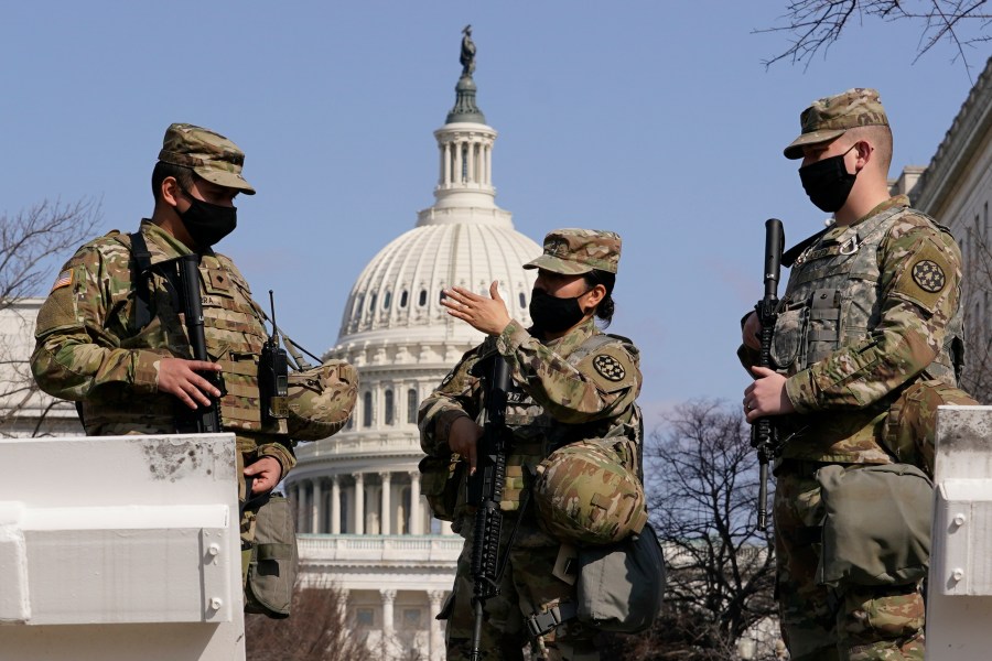 National Guard stand guard at the Capitol in Washington, Thursday, March 4, 2021. (AP Photo/Carolyn Kaster)