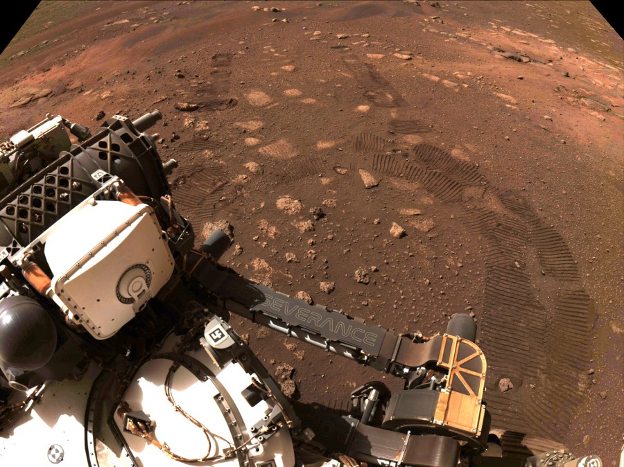 This photo made available by NASA was taken during the first drive of the Perseverance rover on Mars on March 4, 2021. (NASA/JPL-Caltech)