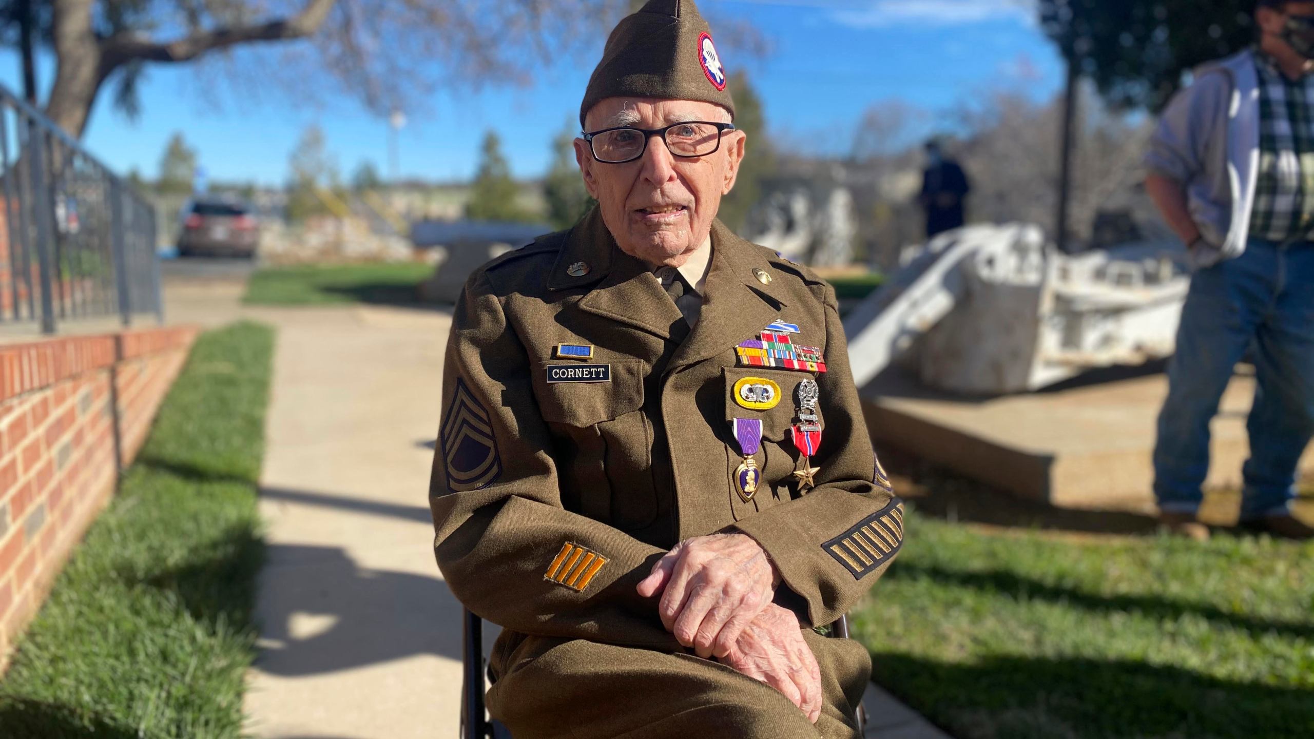 In this Feb. 22, 2021 photo, Sgt. 1st Class Marvin D. Cornett poses for a photo, in in Auburn, Calif. Cornett was awarded the Purple Heart and Bronze Star Medal during a ceremony. Cornett was assigned to Headquarters Company, 1st Battalion, 504th Parachute Infantry Regiment, 82nd Abn. Div. when he made the combat jump into Salerno, Italy and was later wounded during combat operations along the Mussolini Canal at the Anzio beachhead on Dec. 31, 1944. (U.S. Army via AP)