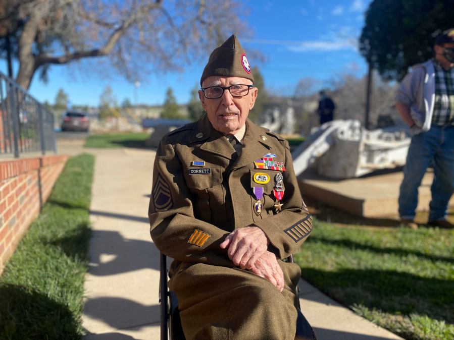 In this Feb. 22, 2021 photo, Sgt. 1st Class Marvin D. Cornett poses for a photo, in in Auburn, Calif. Cornett was awarded the Purple Heart and Bronze Star Medal during a ceremony. Cornett was assigned to Headquarters Company, 1st Battalion, 504th Parachute Infantry Regiment, 82nd Abn. Div. when he made the combat jump into Salerno, Italy and was later wounded during combat operations along the Mussolini Canal at the Anzio beachhead on Dec. 31, 1944. (U.S. Army via AP)