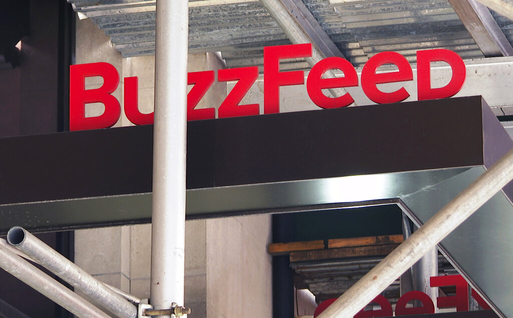 The entrance to BuzzFeed in New York is seen on Nov. 19, 2020. (AP Photo/Ted Shaffrey, File)