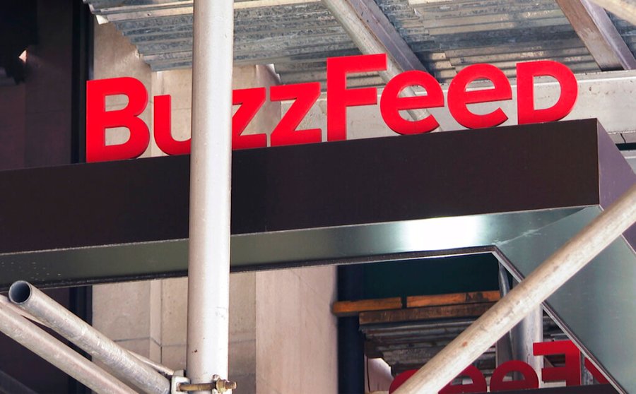 The entrance to BuzzFeed in New York is seen on Nov. 19, 2020. (AP Photo/Ted Shaffrey, File)