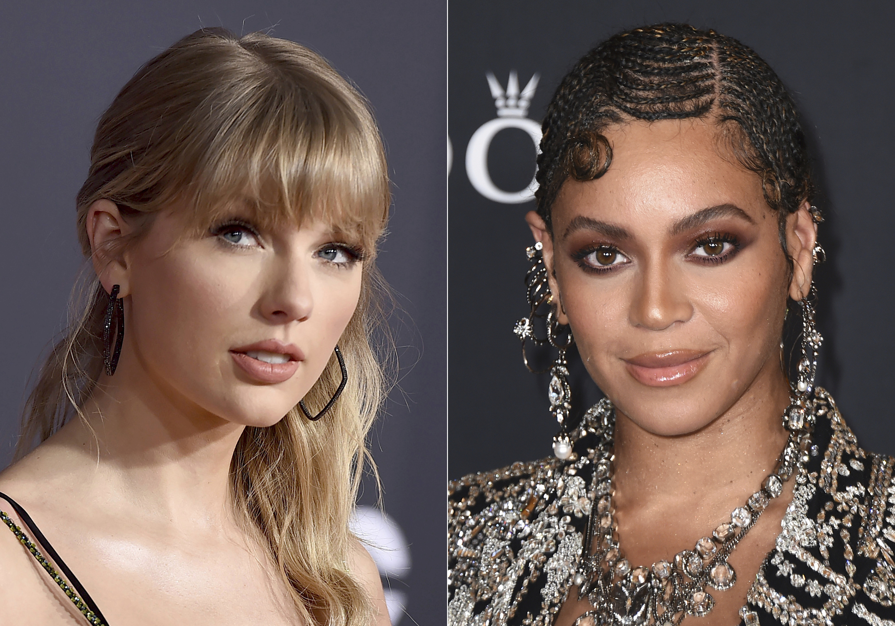 Taylor Swift appears at the American Music Awards in Los Angeles on Nov. 24, 2019, left, and Beyonce appears at the world premiere of "The Lion King" in Los Angeles on July 9, 2019. (AP Photo)