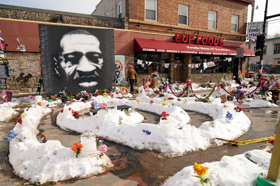 In this Feb. 8, 2021 file photo, A mural of George Floyd is seen in George Floyd Square in Minneapolis. (AP Photo/Jim Mone File)