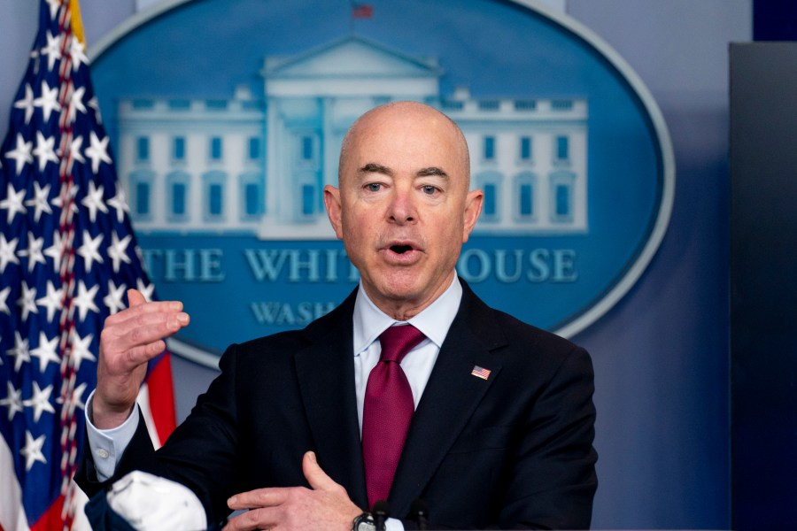 In this Monday, March 1, 2021 file photo, Homeland Security Secretary Alejandro Mayorkas speaks during a press briefing at the White House in Washington. The Biden administration is turning to the Federal Emergency Management Agency for help managing and caring for record numbers of unaccompanied immigrant children who are streaming into the U.S. from Mexico. Homeland Security Secretary Alejandro Mayorkas says FEMA will support a government-wide effort over the next three months, Saturday, March 13, 2021. (AP Photo/Andrew Harnik, File)