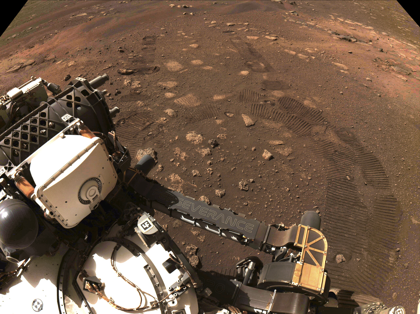 This March 4, 2021 file photo made available by NASA was taken during the first drive of the Perseverance rover on Mars. (NASA/JPL-Caltech via AP, File)