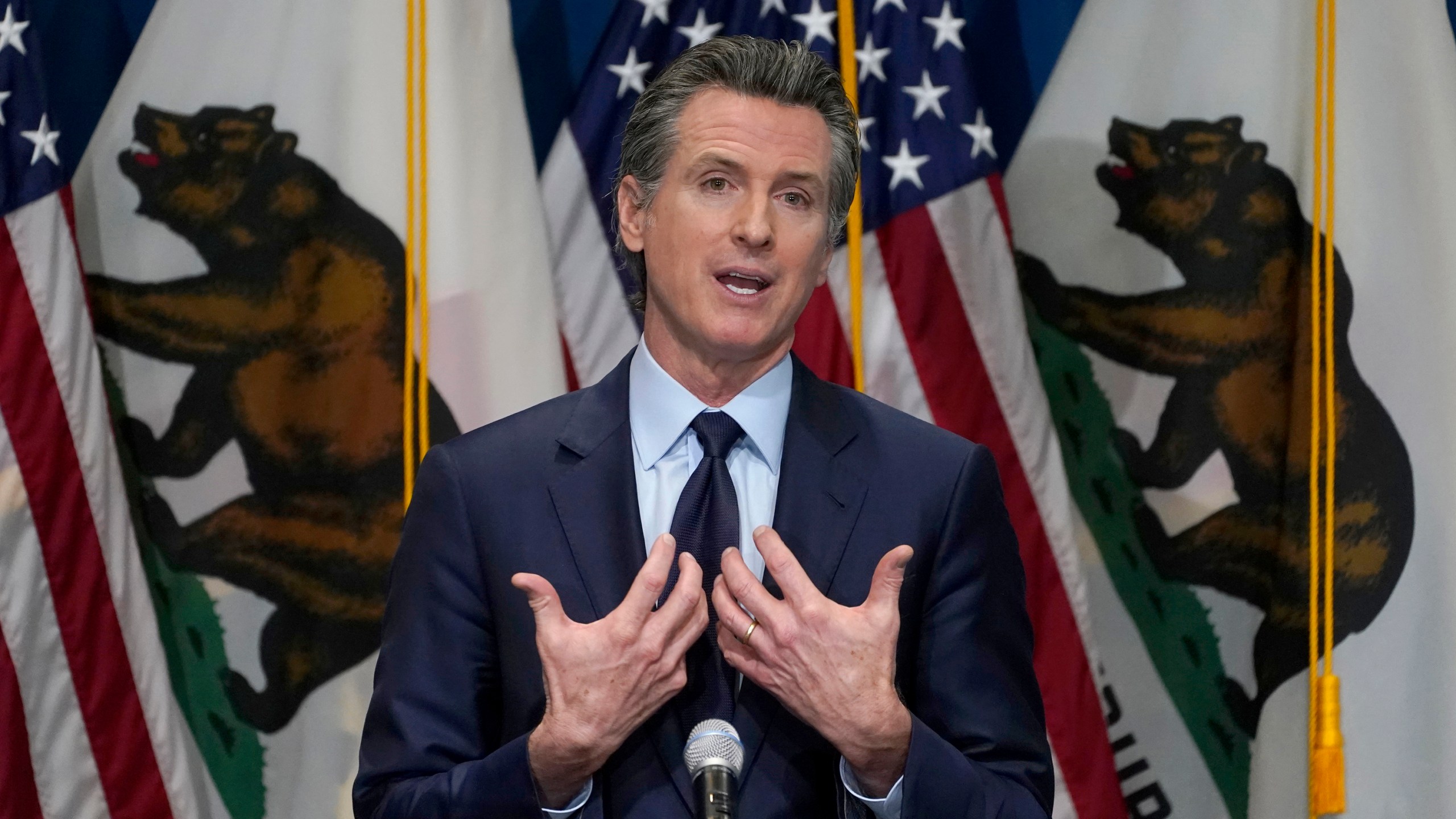 FILE - In this Jan. 8, 2021, file photo, California Gov. Gavin Newsom gestures during a news conference in Sacramento, Calif. (AP Photo/Rich Pedroncelli, Pool, File)