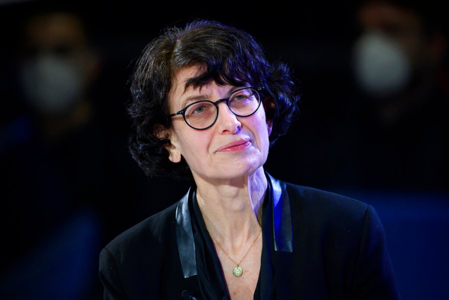 Ozlem Tureci, co-founder of the Mainz-based coronavirus vaccine developer BioNTech, listens during an Axel Springer Award ceremony broadcast on the Internet, Thursday, March 18, 2021. (Bernd von Jutrczenka/dpa via AP, Pool)