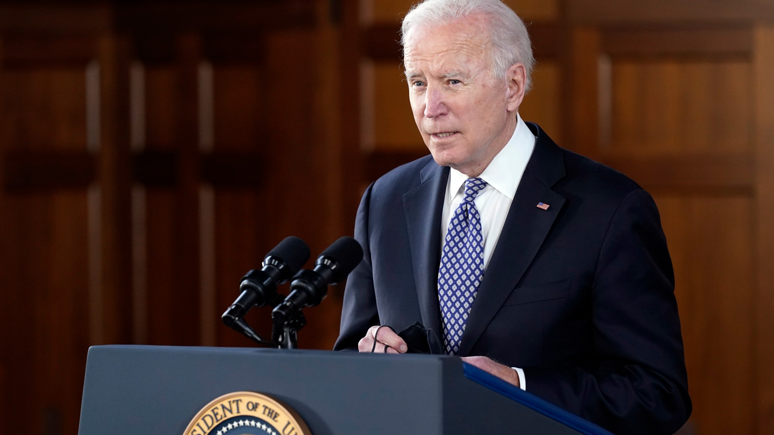 President Joe Biden speaks after meeting with leaders from Georgia's Asian-American and Pacific Islander community on March 19, 2021, at Emory University in Atlanta. (Patrick Semansky / Associated Press)