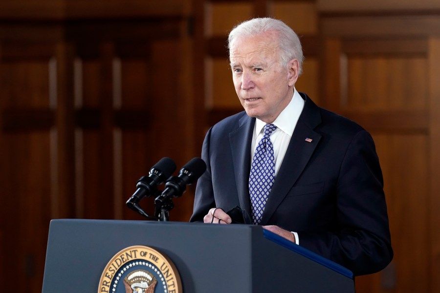 President Joe Biden speaks after meeting with leaders from Georgia's Asian-American and Pacific Islander community on March 19, 2021, at Emory University in Atlanta. (Patrick Semansky / Associated Press)