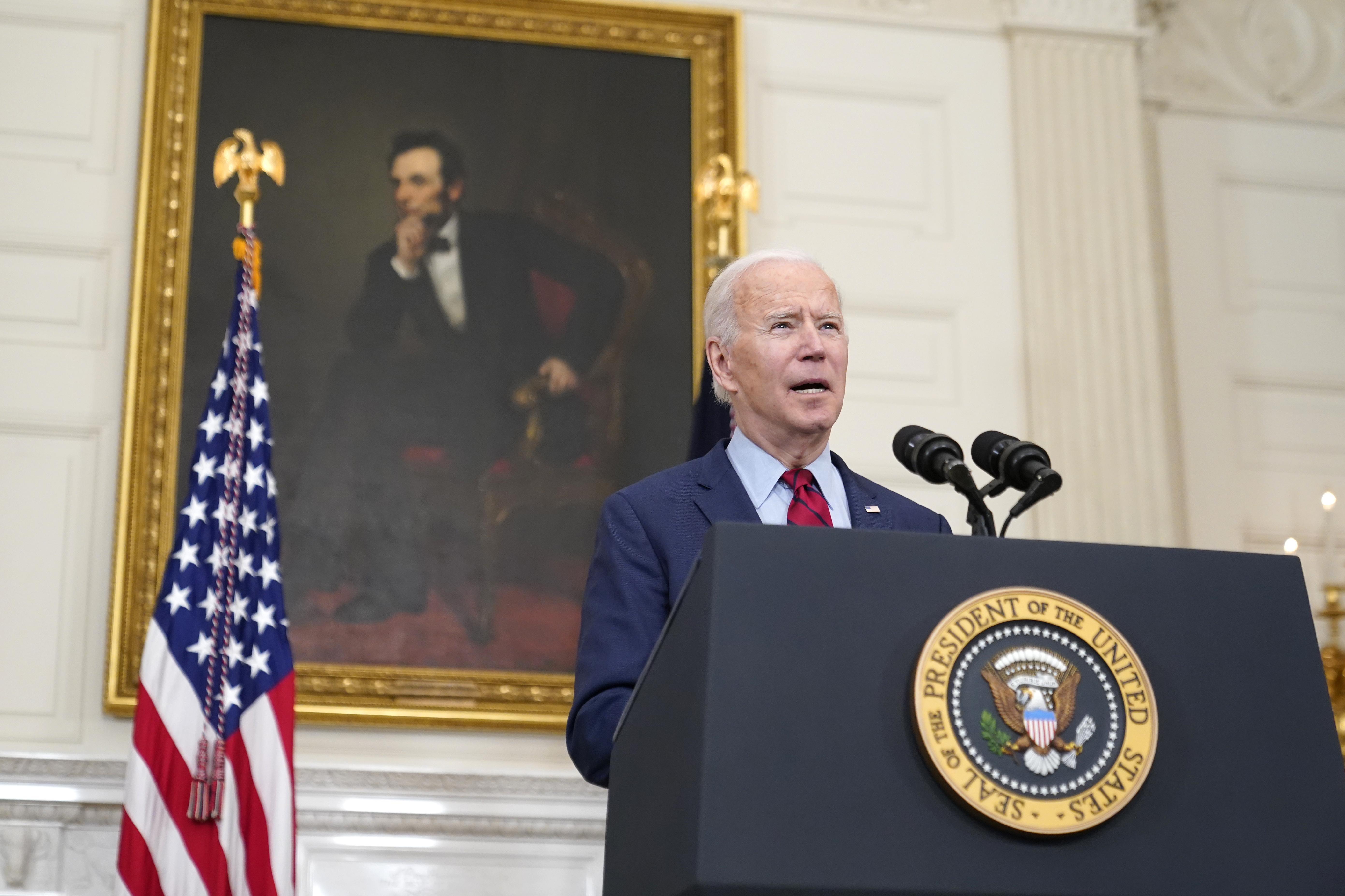 President Joe Biden speaks about the shooting in Boulder, Colo., Tuesday, March 23, 2021, in the State Dining Room of the White House in Washington. (AP Photo/Patrick Semansky)