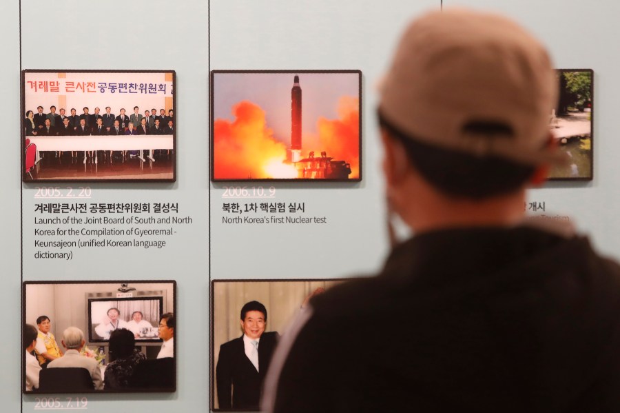 A photo showing North Korea's missile launch is displayed at the Unification Observation Post in Paju, South Korea, near the border with North Korea, on March 24, 2021. (Ahn Young-joon / Associated Press)