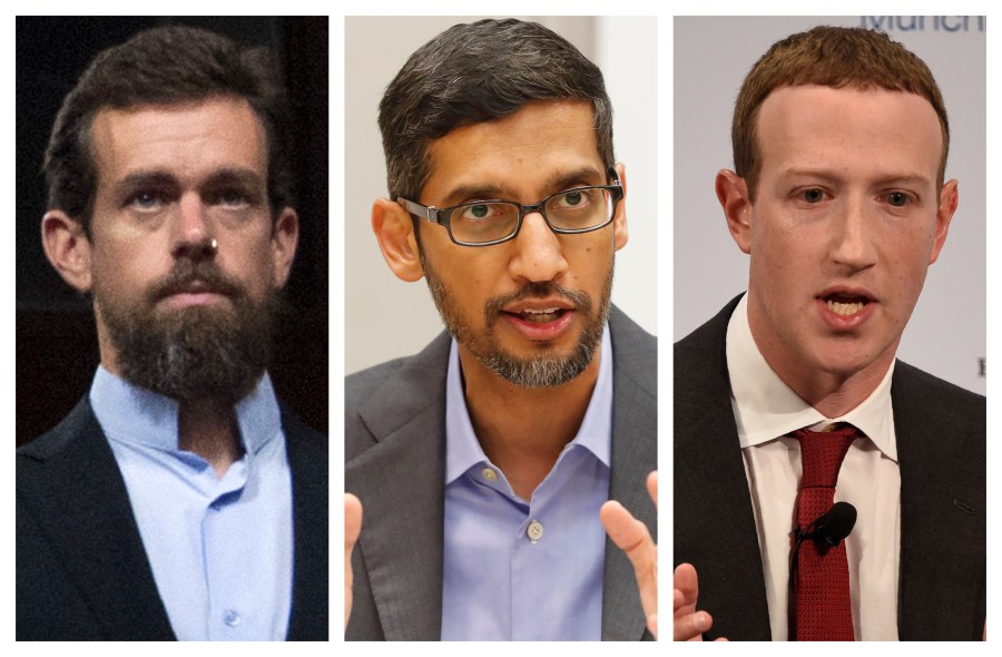 This combination of 2018-2020 photos shows, from left, Twitter CEO Jack Dorsey, Google CEO Sundar Pichai, and Facebook CEO Mark Zuckerberg. (AP Photo/Jose Luis Magana, LM Otero, Jens Meyer)