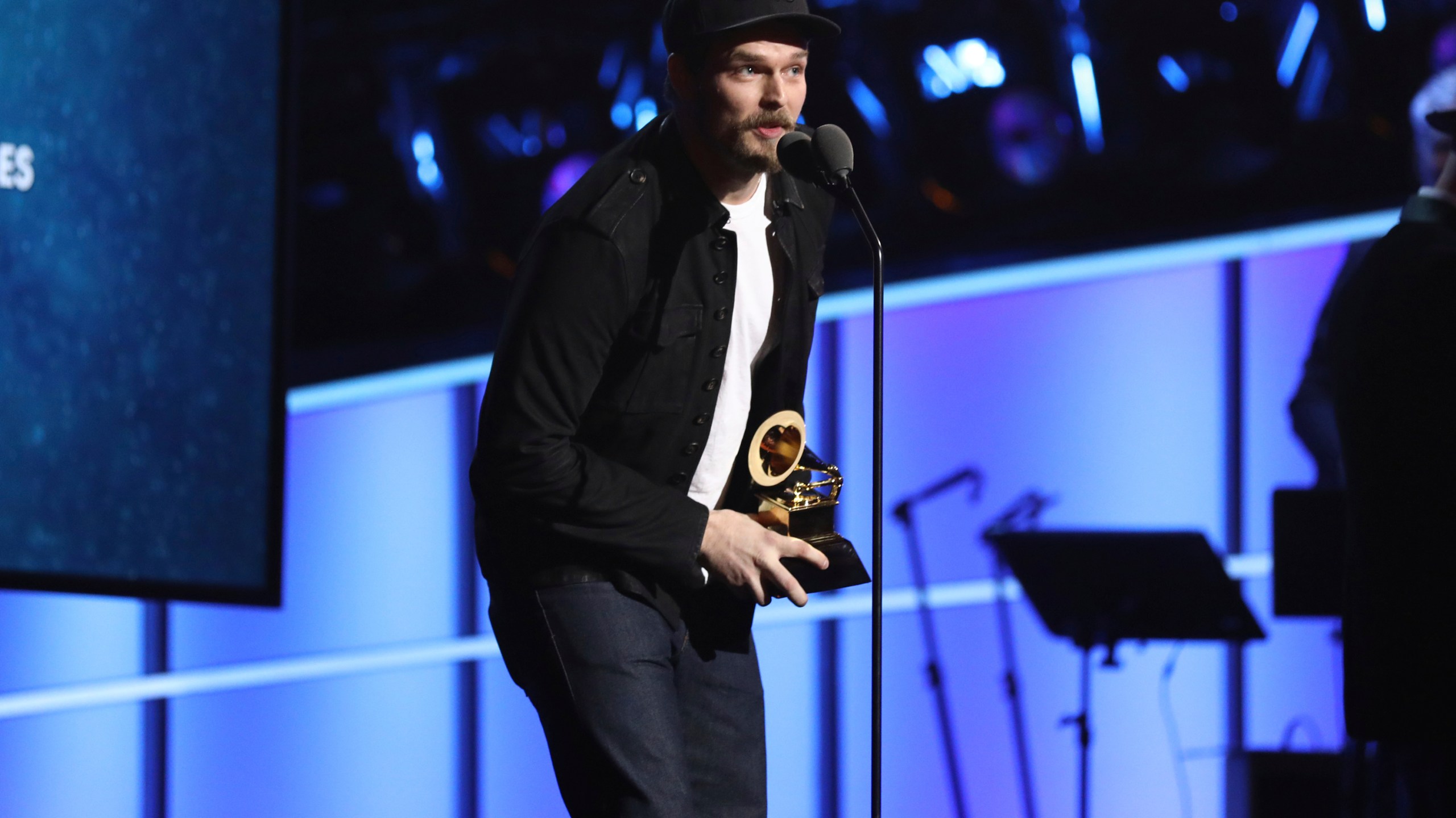 In this Sunday, Jan. 28, 2018, file photo, Steve Johnson of Alabama Shakes accepts the best American roots performance for "Killer Diller Blues" at the 60th annual Grammy Awards at Madison Square Garden in New York. Johnson, the drummer for Grammy Award-winning rock band Alabama Shakes is in custody on child abuse charges. (Matt Sayles/Invision/AP, File)