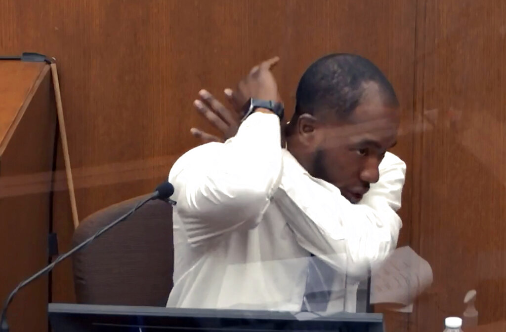 In this image from video, witness Donald Williams answers questions on March 29, 2021, in the trial of former Minneapolis police officer Derek Chauvin. (Court TV via AP, Pool)