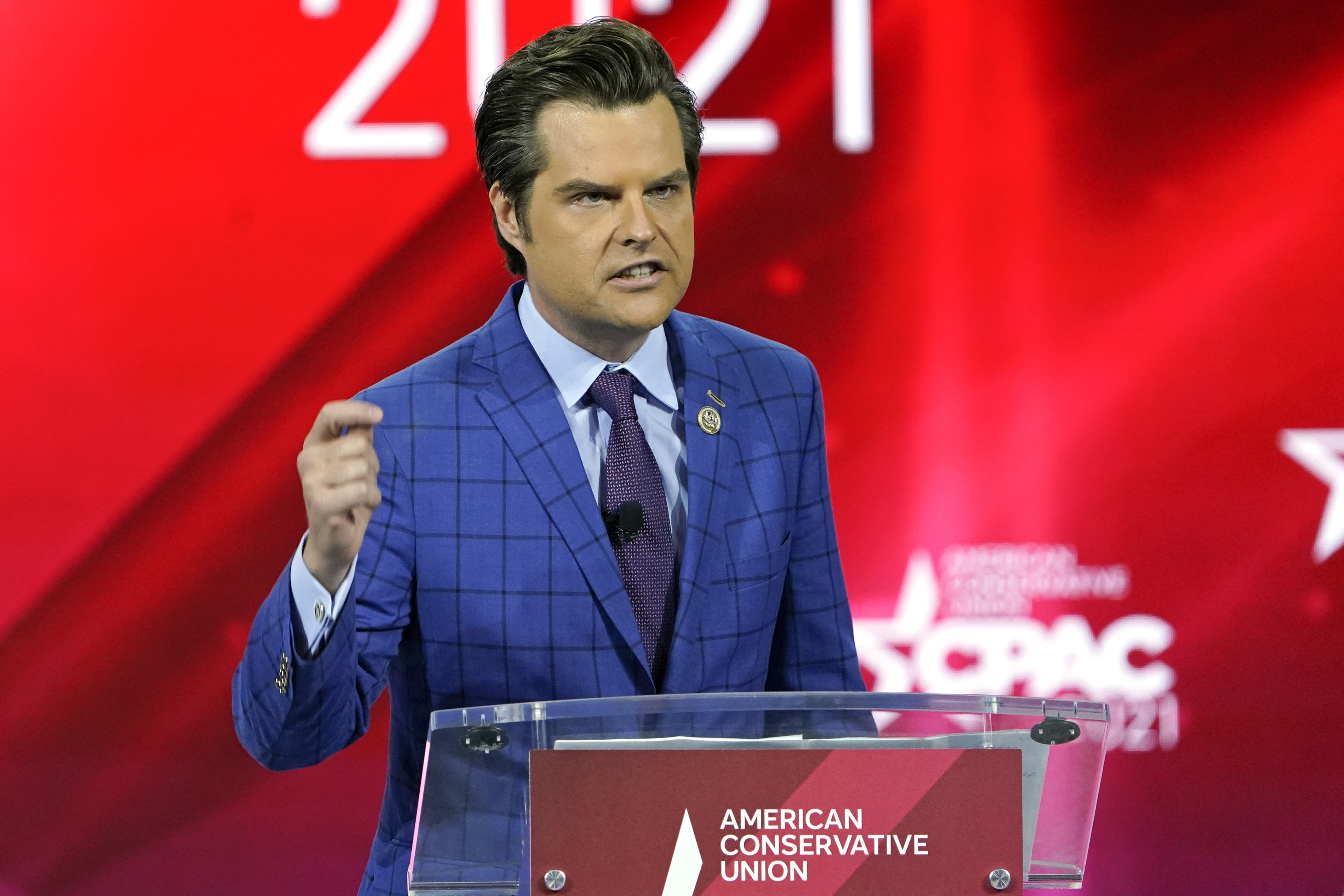 Rep. Matt Gaetz, R-Fla., speaks at the Conservative Political Action Conference (CPAC) in Orlando, Fla., on Feb. 26, 2021. (John Raoux / Associated Press)