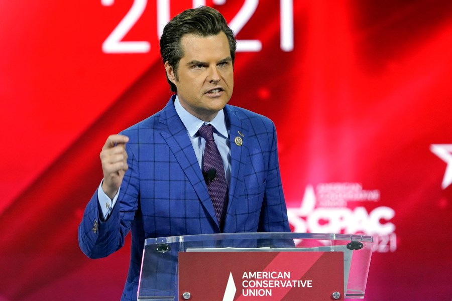 Rep. Matt Gaetz, R-Fla., speaks at the Conservative Political Action Conference (CPAC) in Orlando, Fla., on Feb. 26, 2021. (John Raoux / Associated Press)