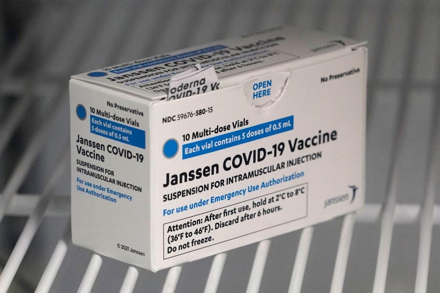 In this March 25, 2021 file photo, a box of the Johnson & Johnson COVID-19 vaccine is shown in a refrigerator at a clinic in Washington state. (AP Photo/Ted S. Warren)