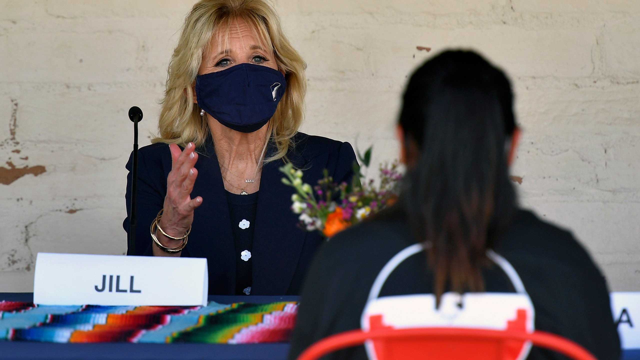 First lady Jill Biden speaks to farm workers at The Forty Acres, the first headquarters of the United Farm Workers labor union, in Delano, Calif., on March 31, 2021. (Mandel Ngan/Pool via AP)