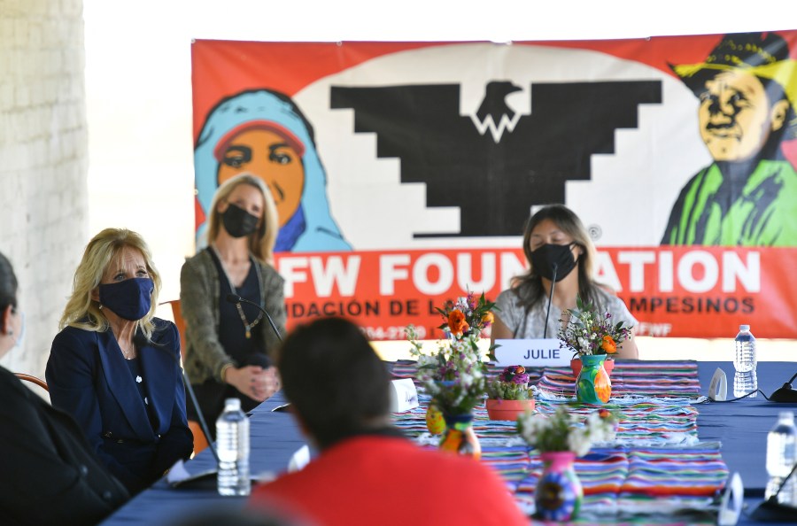 First lady Jill Biden speaks to farm workers at The Forty Acres, the first headquarters of the United Farm Workers labor union, in Delano, Calif., on March 31, 2021. (Mandel Ngan/Pool via AP)