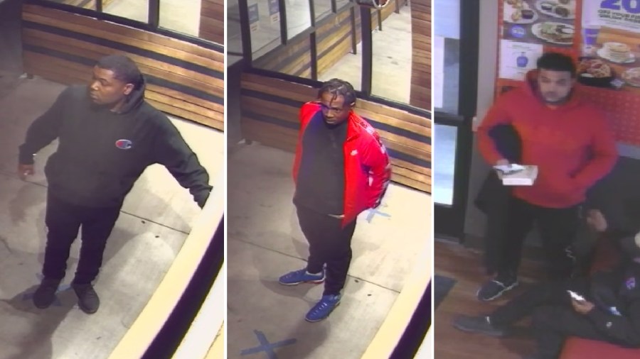 The Los Angeles County Sheriff's Department released these surveillance images of three robbery suspects they say ran over a woman in Lancaster.