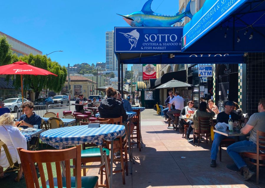 People enjoy socially distanced outdoor dining in the Little Italy neighborhood of San Francisco, Calif., on July 31, 2020. (Daniel SLIM / AFP via Getty Images)