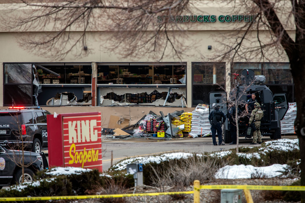 Tactical police units respond to the scene of a King Soopers grocery store after a shooting on March 22, 2021 in Boulder, Colorado. (Chet Strange/Getty Images)