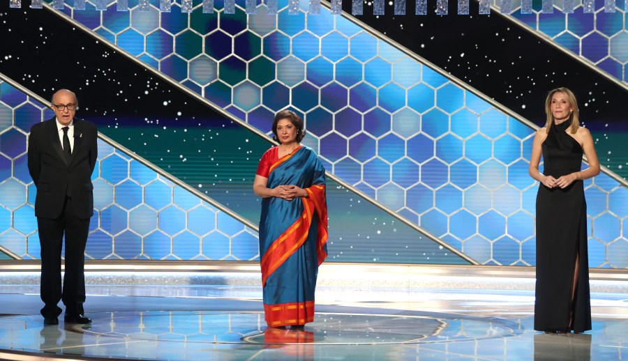 Pictured in this image released on Fen. 28, 2021, are (l-r) HFPA President Ali Sar, HFPA Board Chair Meher Tatna, and HFPA Vice President Helen Hoehne speak onstage at the 78th Annual Golden Globe Awards held at The Beverly Hilton and broadcast on Feb. 28, 2021, in Beverly Hills. (Christopher Polk/NBC/NBCU Photo Bank via Getty Images)